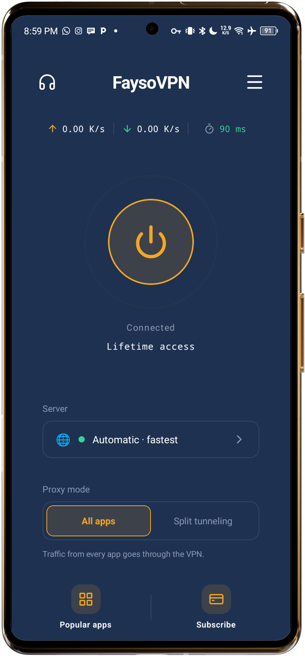 FaysoVPN Android app home screen in English, showing a connected VPN